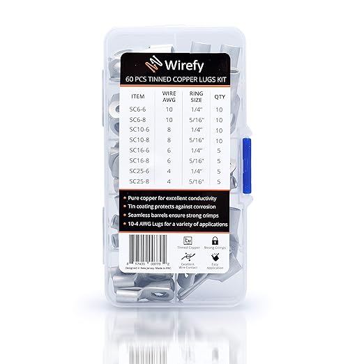 Wirefy 60 PCS Tinned Copper Wire Lugs Kit - Battery Lugs - Crimp Battery Cable Ends - Ring Terminals - 10-4 Gauge