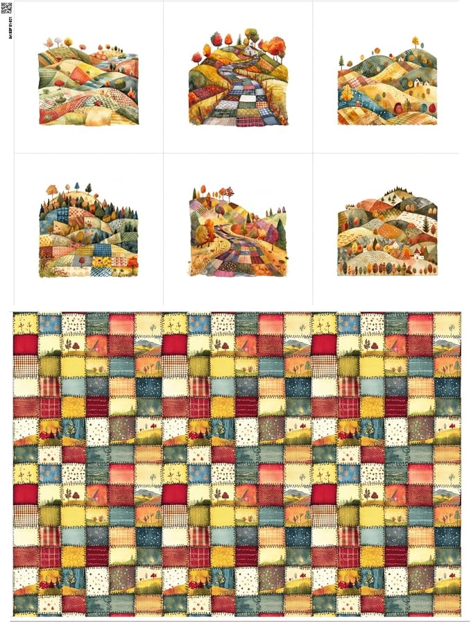 Patchwork Autumn Landscape Cotton Fabric Panel – 6 Designs + Bonus Sheet by FabricsTown