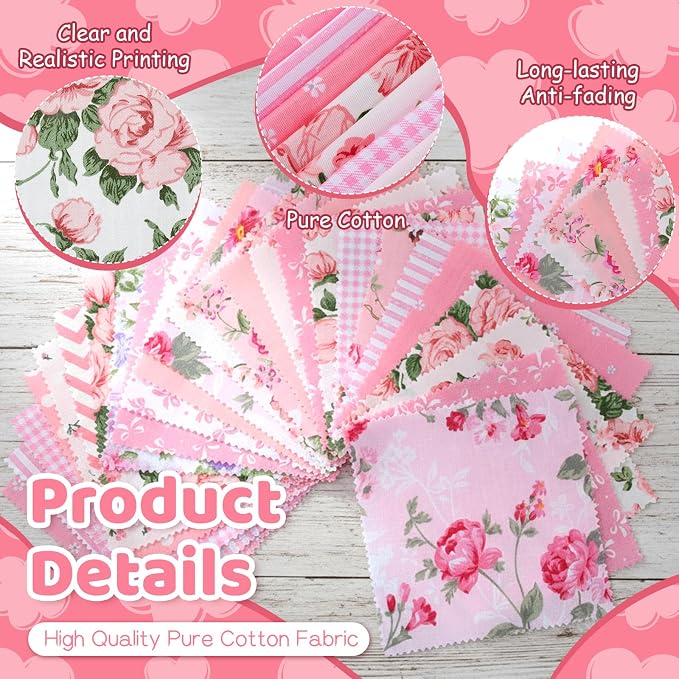 168 Pcs Pink Charm Packs for Quilting 5″ Cotton Quilting Fabric Bundles | 5″ - Image 3