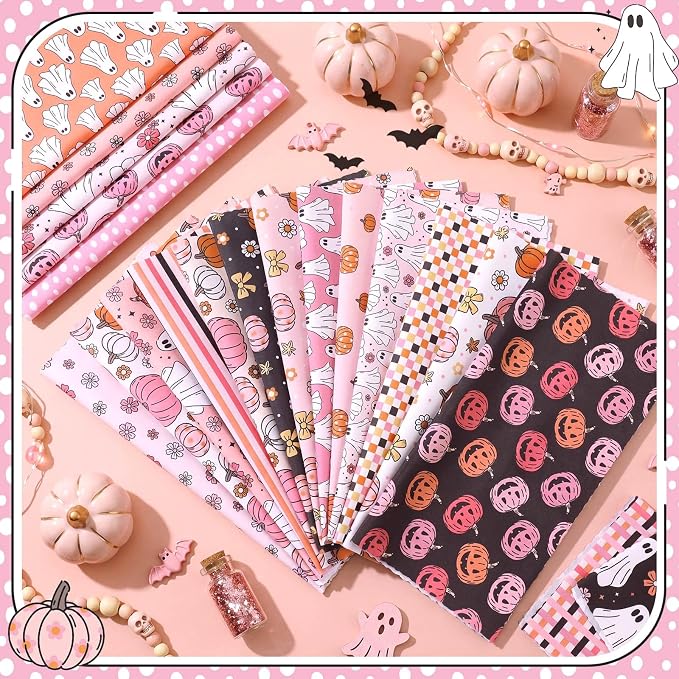 HunnmingRe 20 Pcs 10''x10'' Pink Halloween Quilting Fabric Square Pink Spooky - Image 4