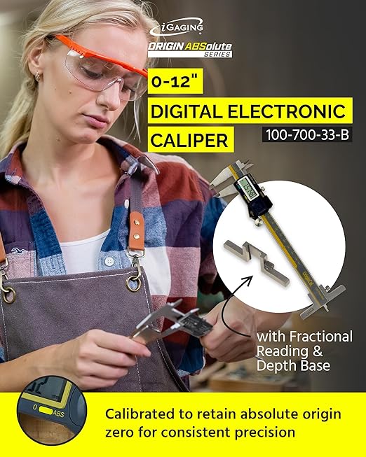 iGAGING Absolute Origin 0-6" Digital Caliper, IP54 Stainless Steel, SPC/USB Output Port, Fraction Reading, Depth Base, Case, Manual, Battery