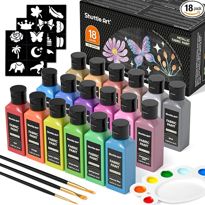 Metallic Fabric Paint, Shuttle Art 18 Metallic Colors Permanent Soft Fabric by ShuttleArt