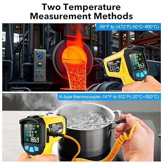 Infrared Thermometer Gun, TEMIRUP Digital Laser Temperature Gun - Non Contact IR Temp Gun with Adjustable Emissivity & Thermocouple Probe for Cooking, Pizza Oven, Griddle, HVAC (-58°F to 1472°F)