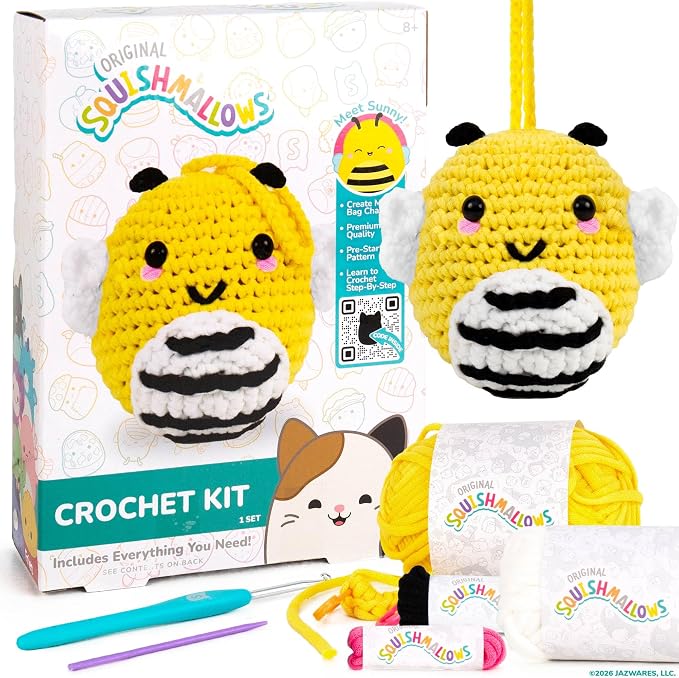 Original Squishmallows™ Crochet Kit – Sunny Bag Charm, Bumblebee Crochet Kit by HorizonGroupUSA