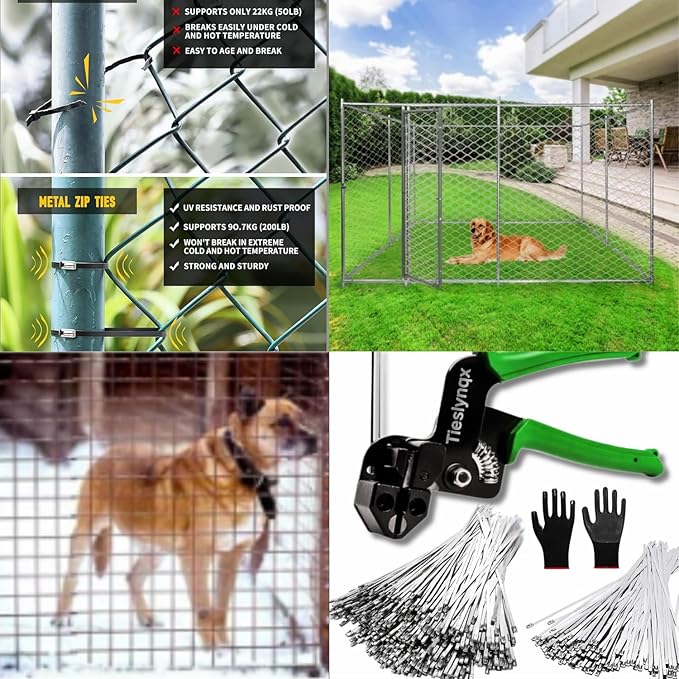 StainlessSteel Cable Tie Gun Set with 200PCS Ties - Special Tool For Fastening And Cutting Metal Cable Ties- Ideal for Chain Link Fence, Dog Fence,Outdoor Fencing, Exhaust Pipe.
