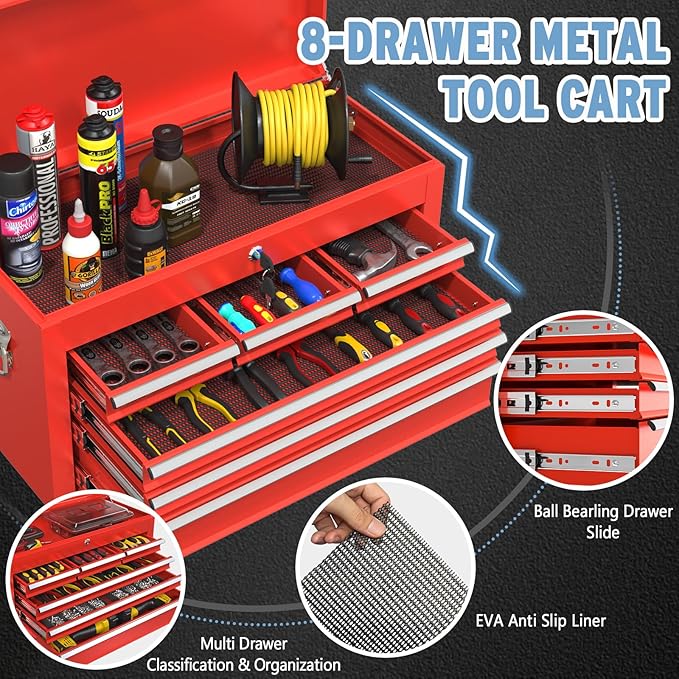 8 Drawer High Capacity Rolling Tool Chest, Tool Box with Wheels and Drawers, Detachable Toolbox with Lock, Heavy Duty Metal Tool Cabinet for Workshop, Warehouse and Garage (Red)