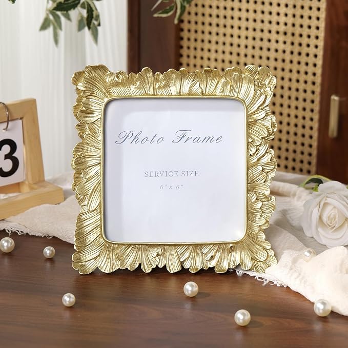 Cuspin 6x6 Gold Picture Frame, Vintage Palm Leaf Square Photo Frame - Image 7