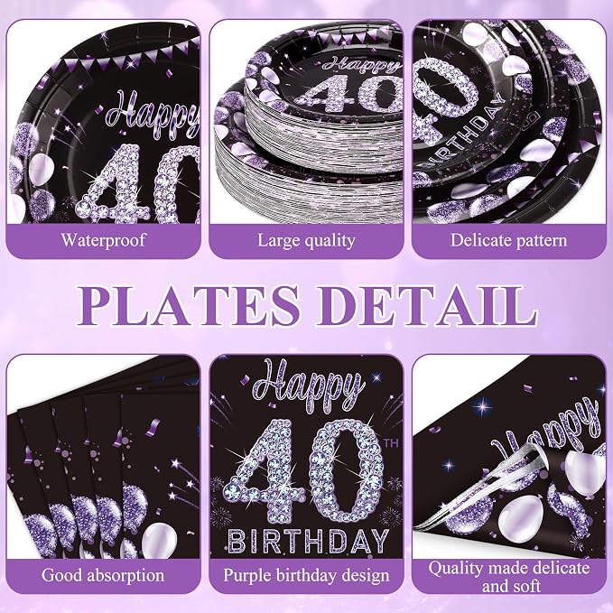 Pickmesh 400 Pcs 40th Birthday Party Supplies Purple Black Happy 40th Birthday - Image 3