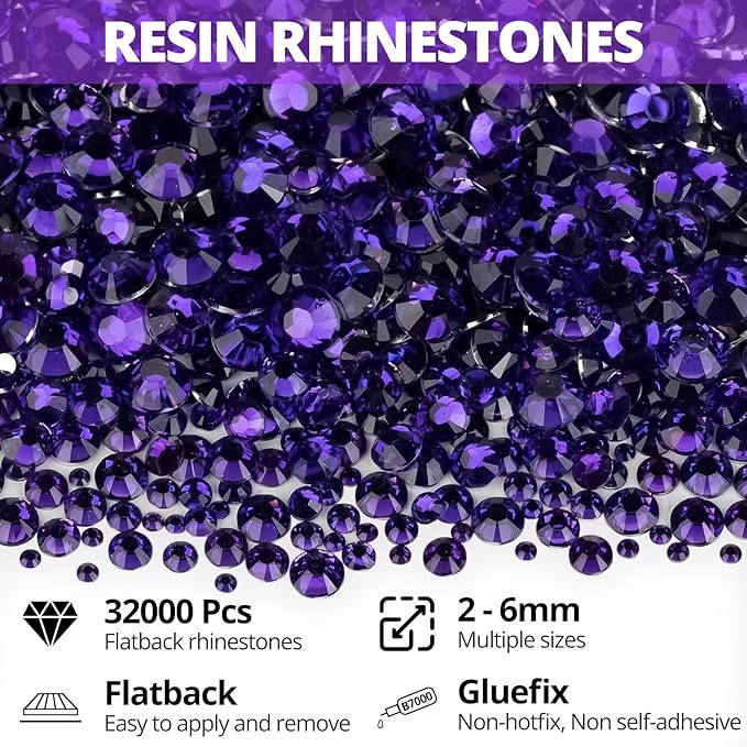 32000Pcs Purple Rhinestones for Bedazzling, Flat Back Resin Diamond Crystal - Image 2