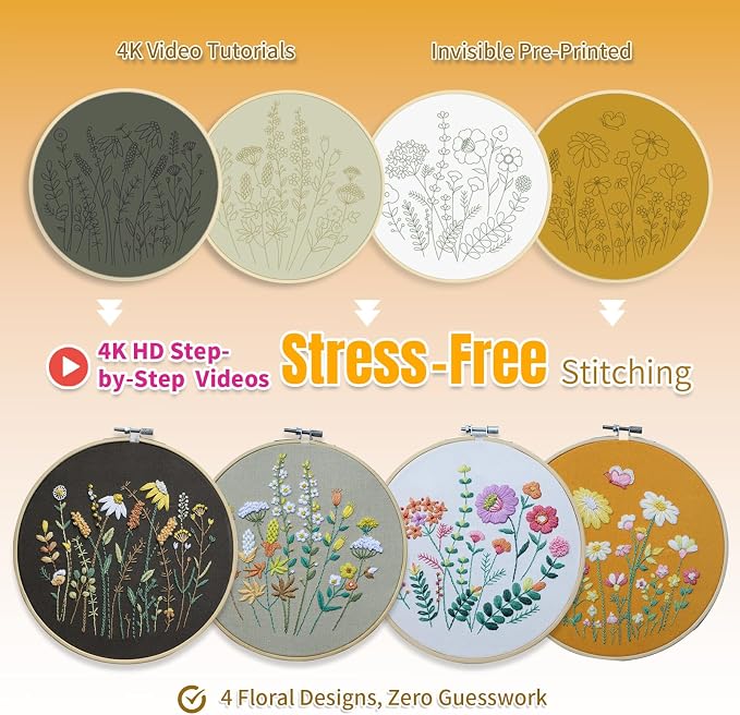 ETSPIL Embroidery Kit for Beginners, 2 Hoops, 4K Video, 4 Floral Patterns | - Image 6