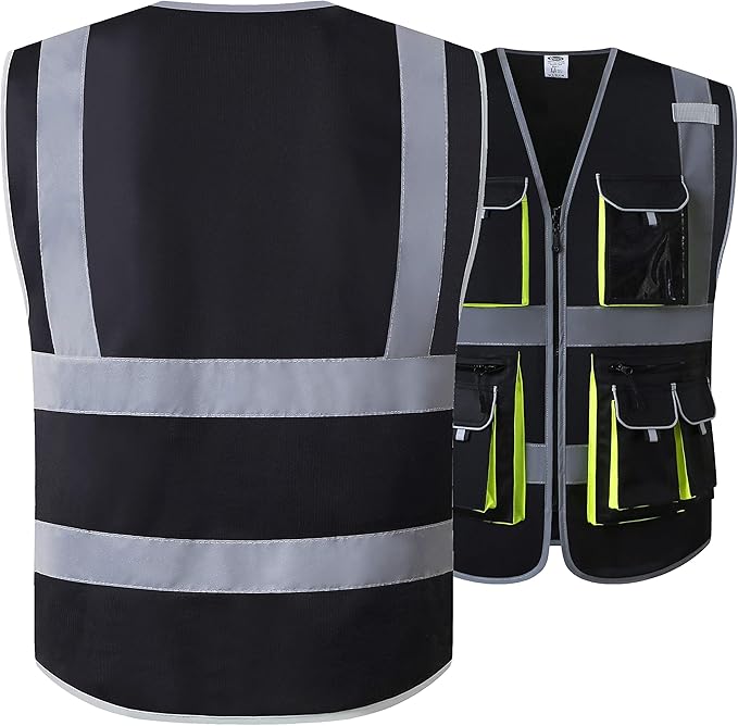 JKSafety 10 Pockets High Visibility Zipper Front Black Safety Vest with High Reflective Strips Meets ANSI/ISEA Standards (3X-Large, 88-Black)
