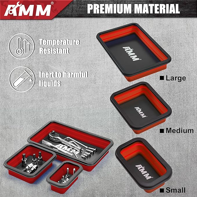 AMM Foldable Magnetic Parts Tray Set, 3 Different Size Magnetic Tool Trays for Bolts Screws Nuts & Small Metal Parts, Mechanic Tool Present for Men，Red