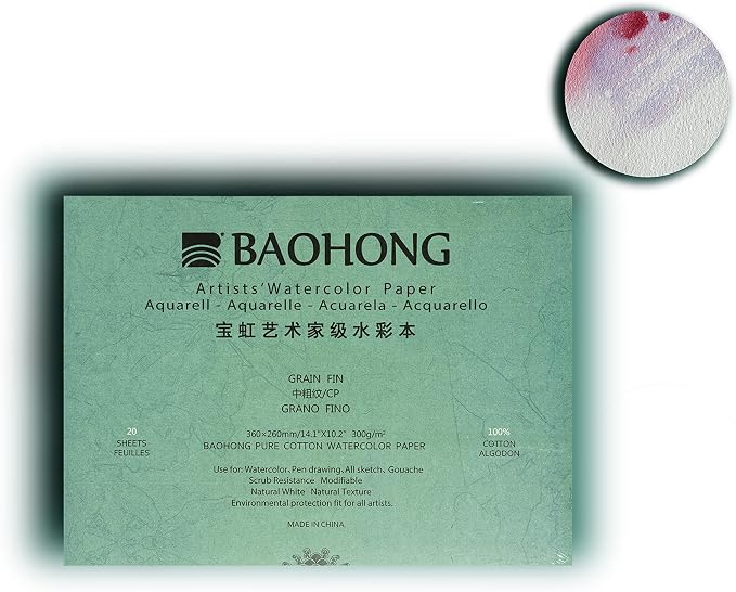 BAOHONG Artists' Watercolor Paper Block, 100% Cotton, 140LB/300GSM, Watercolor by BAOHONG