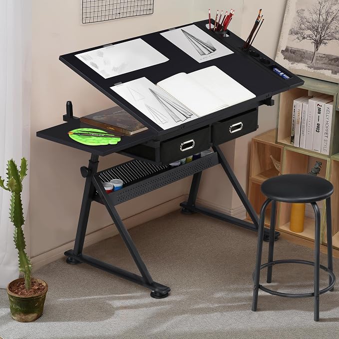 Yaheetech Adjustable Drafting Table Art Desk, Storage Drawers & Stool - Image 2