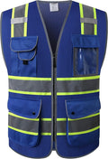 JKSafety 9 Pockets High Visibility Zipper Front MESH Blue Safety Vest | Blue with Dual Tone High Reflective Strips | ANSI/ISEA Standards (100-Blue, XL)