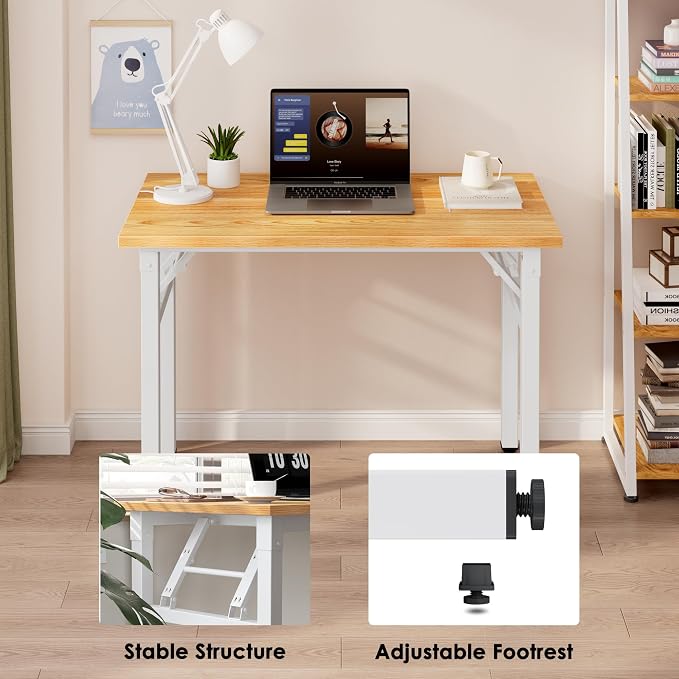 Need Small Folding Computer Desk, 35.8 Inch Writing Table, Teak & White | - Image 7