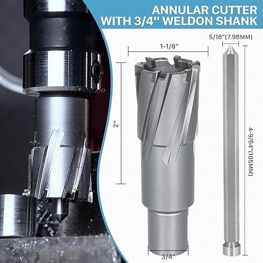 KEENTECH Carbide-Tipped Annular Cutter, 1-1/8" Diameter x 2" Depth, 3/4" Weldon Shank (2 Flat), High Speed Cutting TCT Mag Drill Bit with Pilot Pin for Harder Material, Stainless Steel, Cast Iron
