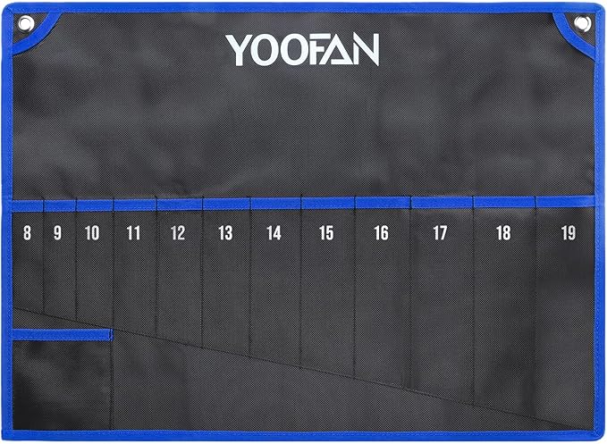 YOOFAN Wrench Roll Up Pouch – Wrench Organizer with 12+1 Pockets, Wrench Bag with Handle, Wrench Holder for Hanging, Blue – Metric