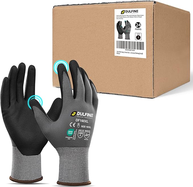 DULFINE Safety Work Gloves MicroFoam Nitrile Coated-24 Pairs Pack,Seamless Knit Nylon Glove with Black Micro-Foam Nitrile Grip,Ideal for General Purpose,Automotive,Home Improvement,Painting(XX-Large)