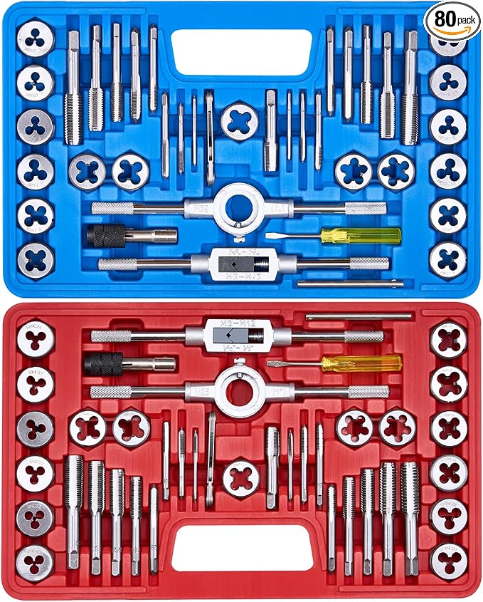 80pcs Tap and Die Set, Metric and Standard Threading Tool Kit for Cutting and Repairing Internal & External Threads, NC/NF/NPT Compatible