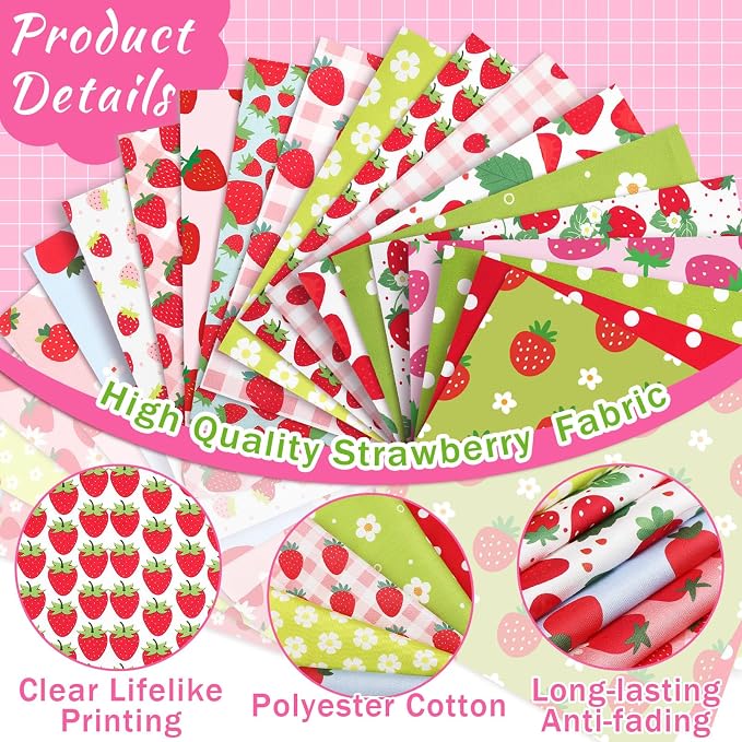 HunnmingRe 20 Pcs 10''x10'' Strawberry Quilting Fabric Square Strawberries - Image 3