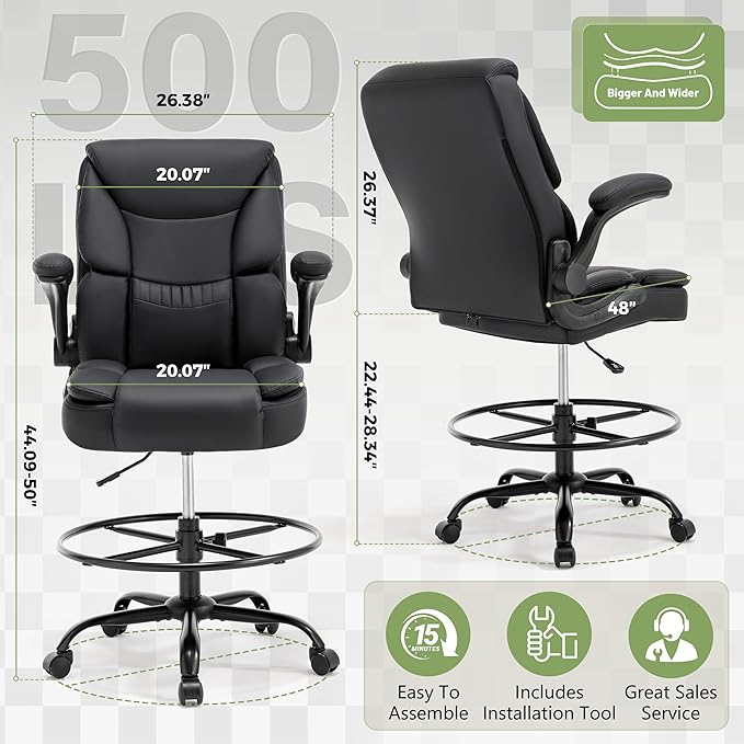 500LBS Drafting Chair, High Back Safer Standing Desk Chair, Executive Tall Office Chair with Flip-up Armrests, Upholstered PU Leather Task Chair, Ergonomic Seat with Adjustable Height&Foot Ring, Black