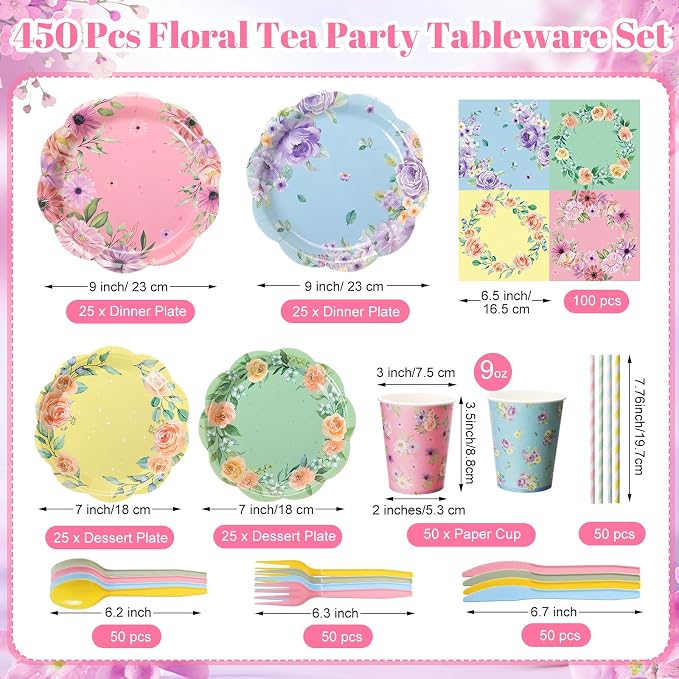 450 Pcs Floral Tea Party Tableware Set Decorations Scalloped Flower Paper - Image 2