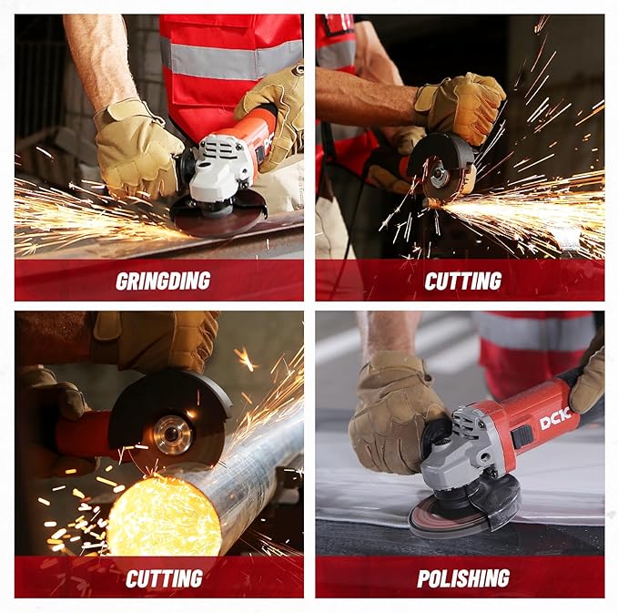 DCK 9.2 Amp Angle Grinder, 4-1/2 Inch Electric Grinder Power Tool, 11800 RPM, Auxiliary Handle and 2 Safety Guards, 6 Piece Discs, Copper Angle Grinder for Cutting, Grinding, Polishing (KSM17-115B)