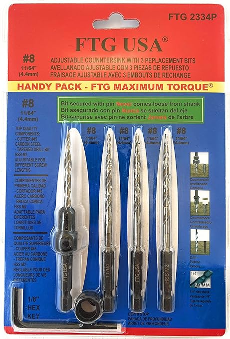 FTG USA Adjustable Wood Countersink Drill Bit #8 (11/64") with 3 Tapered Drill Bits for Woodworking