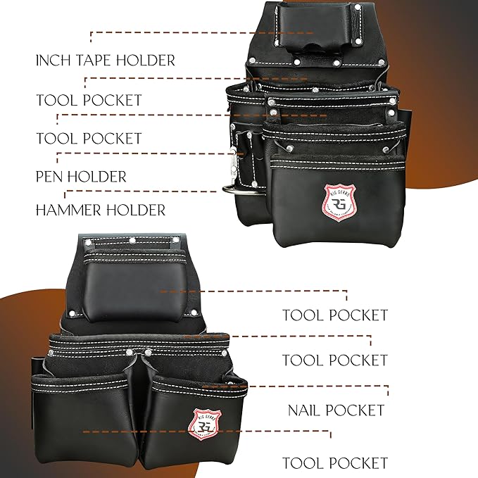 Leather Tool Belt with Adjustable Hook - Premium Heavy Duty Tool Belts for Men with 22 Multi-Purpose Pocket Tool Pouch (Black, Standard), RG-004