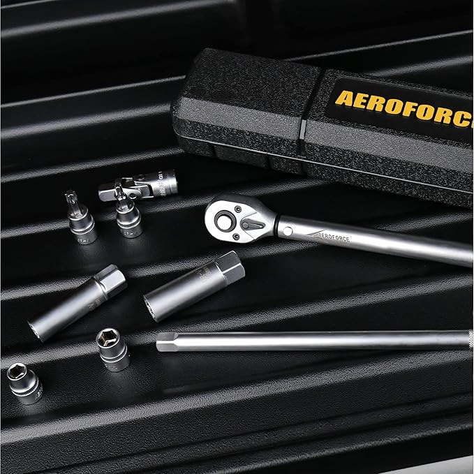 AEROFORCE 9Pcs Magnetic Spark Plug Socket set with 3/8-inch Drive Torque Wrench Set（5-45 Lb.ft/6.8-61.2 Nm）,12-Point Sockets 14mm & 16mm, a 10 Inch Extension bar and a Universal Joint