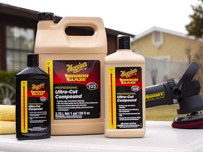 Meguiar's Mirror Glaze M105 Ultra-Cut Compound, Car Rubbing Compound for Removing Scratches and Heavy Swirls While Adding Shine, Safe and Effective on All Glossy Car Paint and Clear Coats, 1 Gallon