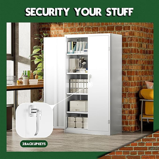 Greenvelly Metal Garage Storage Cabinet with 2 Doors & Adjustable Shelves, 72" Lockable Steel Tool Cabinet - White - (36" W x 18" D)