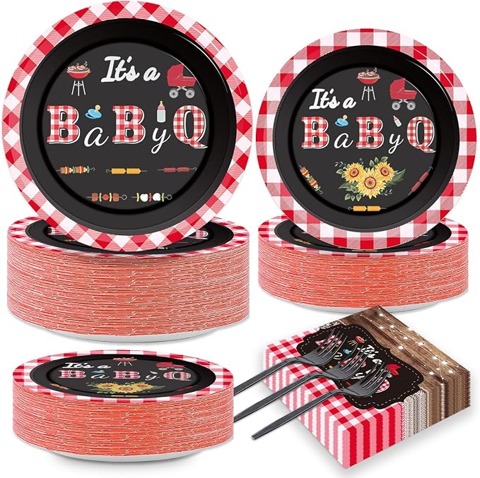 200pcs BBQ Baby Shower Plates Napkins Baby Q Paper Tableware Set It's A BabyQ by Naozinebi