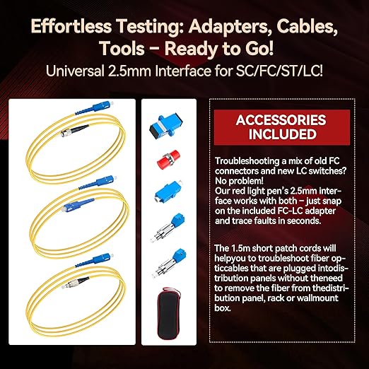 VFLVisual Fault Locator Kit 50mw,Fiber Optic Cable Tester Tool Kit,Fiber Red Light Pen Tester with 2.5mm Universal Connector 2pcs FC-LC Adapter & 1pc LC, SC, FC Coupler & 3 1.5m Patch Cords