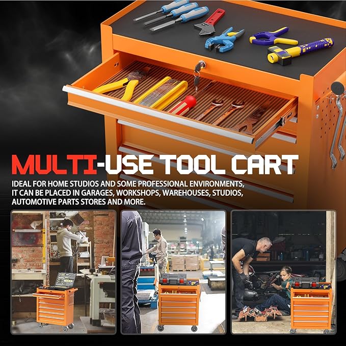 7-Drawer Rolling Tool Chest,Metal Rolling Tool Chest with Wheels and Locking Tool Box,Portable Metal Tool Box for Warehouse,Garage, Repair Shop, Workshop (Orange,7-Drawer)