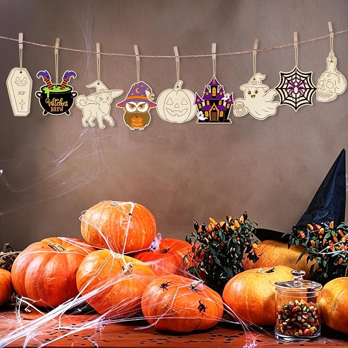80PCS Wooden Halloween Ornaments to Paint Fall Decorations, 10 Styles DIY Blank - Image 6