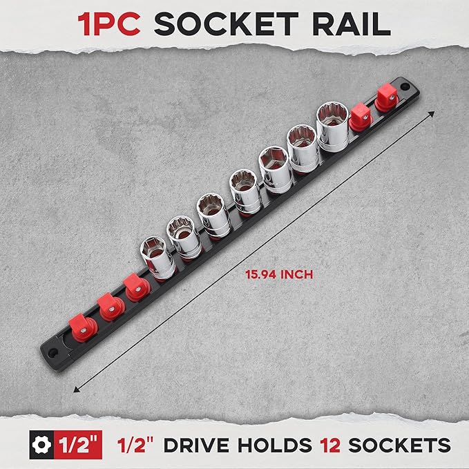 1/2-Inch Drive Magnetic Socket Organizer, Heavy Duty Aluminum Socket Rail Organizer, 360° Swivel Clips Socket Holder Kit for Tool Box, 1/2-Inch Socket Holder x 12 Clips (Red)