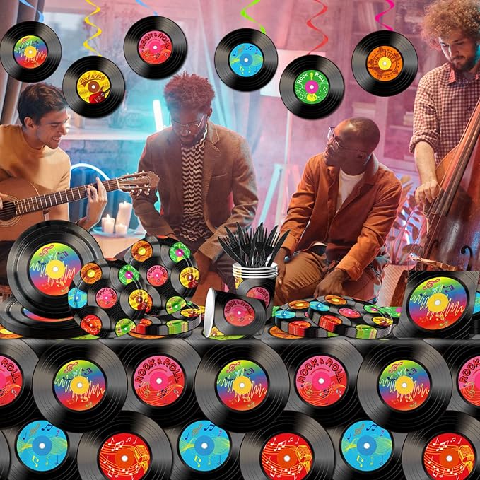 142Pcs Record Theme Tableware Set, Tablecloth, Hanging Swirls Record Banner - Image 2