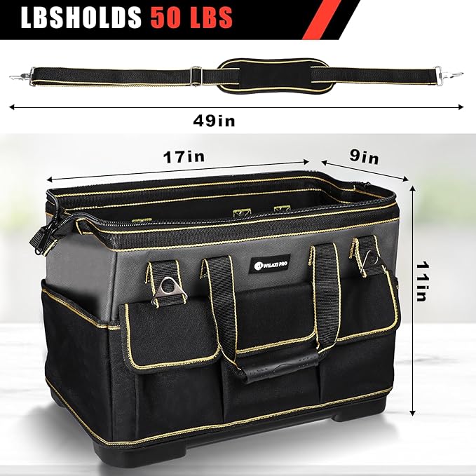 17 in Tool Bag For Men with Waterproof Molded Base, High Capacity Wide Mouth Tote, Construction Worker Electricians Tool Bags, Large Tool Bag Organizer for Men Women (GREY)