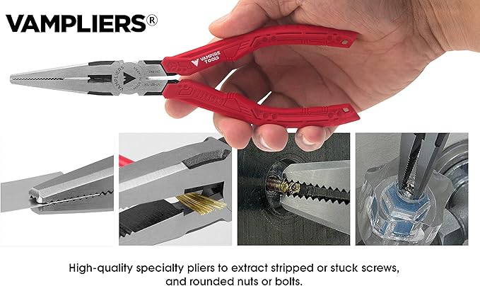 VAMPLIERS 4-Piece Stripped Screw Extractor Pliers Set. Made in Japan. 8" Linesman, 7.5" Long Nose, 6.25" Multi-Purpose & 5" ESD Safe Pliers + Tool Pouch. Remove any Stripped/Damaged/Rusted Screws.