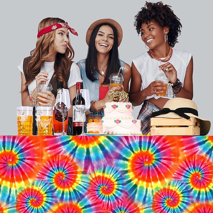 Newwiee Tie Dye Tablecloth Rainbow Table Cloth 54 x 108 Inch Plastic Rectangle - Image 5