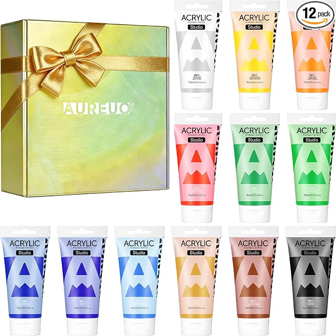 AUREUO Studio Acrylic Paint Set -12 Primary Colors 75ml / 2.5 Fl Oz Tubes by AUREUO