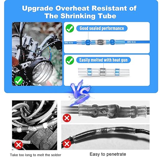 Kuject 500PCS Solder Seal Wire Connectors AWG 16-14, Blue Heat Shrink Butt Terminals, Waterproof Wire Splice for Marine Boat Joint