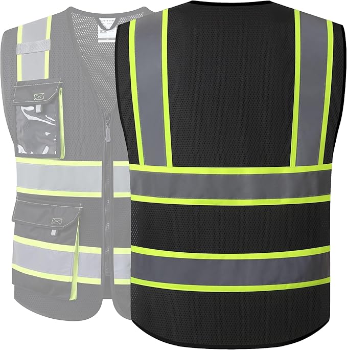 JKSafety Hi Vis Reflective Safety Vests for Men Women High Visibility Vest with Pockets Mesh Fabric Construction Safety Apparel Neon Vest for Work (220-Black S)