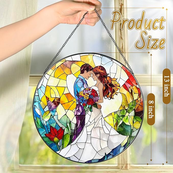 8'' Romantic Couple Wedding Sun Catcher Ornament, Stained Glass Window Hanging - Image 4