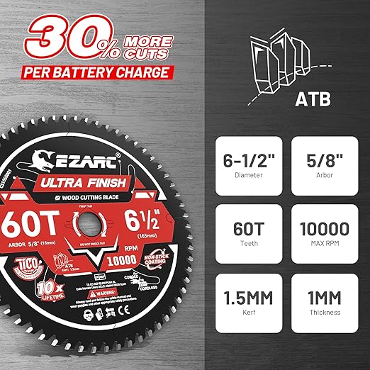 EZARC 6-1/2 Inch Circular Saw Blades 60T - Ultra Finish Wood Cutting Blade, Ultra-Thin 1.5mm Kerf, Non-Stick Coating, 2 Pack