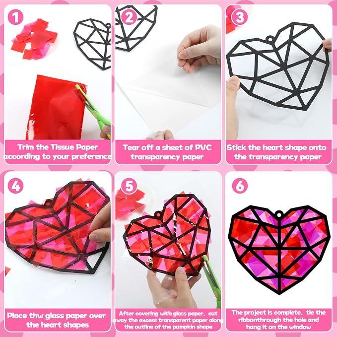 32 Sets Valentines Suncatchers Craft Kit DIY Heart Window Stained Glass Effect - Image 3