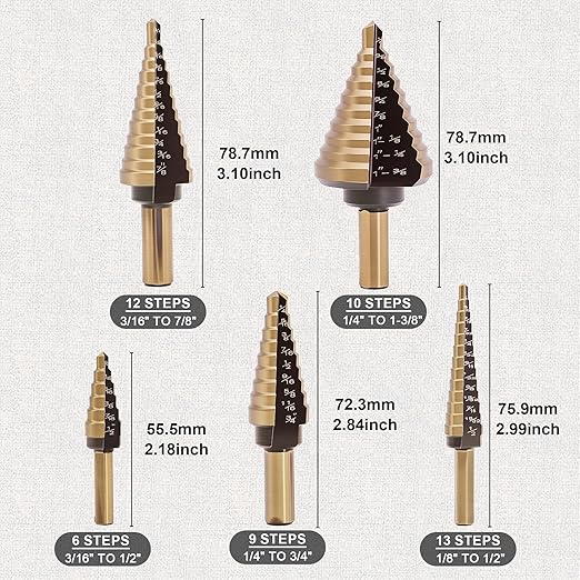 Step Drill Bit Set 5PCS, Step Drill Bit for Metal Plastic Aluminum Iron Stainless Steel Wood, High Speed Steel Titanium Coated Cone Drill Bits
