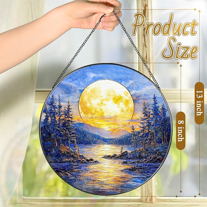 8'' Full Moon Over Forest Lake Suncatcher Ornament, Stained Glass Window Hanging - Image 4